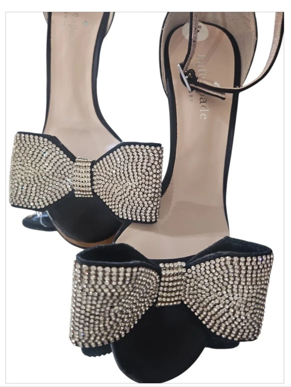 Kate Spade New York Gweneth Black Satin Rhinestone Crystal Bow Heels Sandal Sz 7